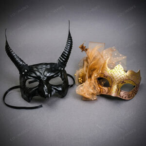 Black Devil Horn Demon Mask & Gold Tulle Glitter Masquerade Couple Mask Set